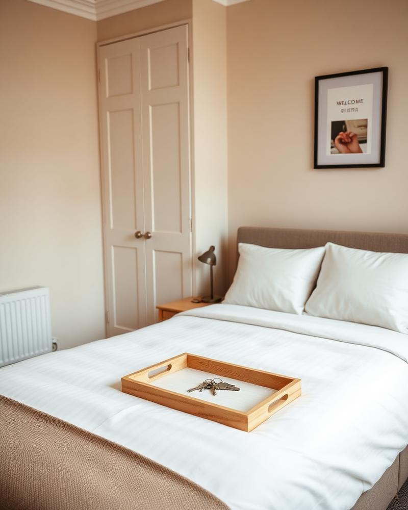 Short-let bedroom with fresh linen and keys