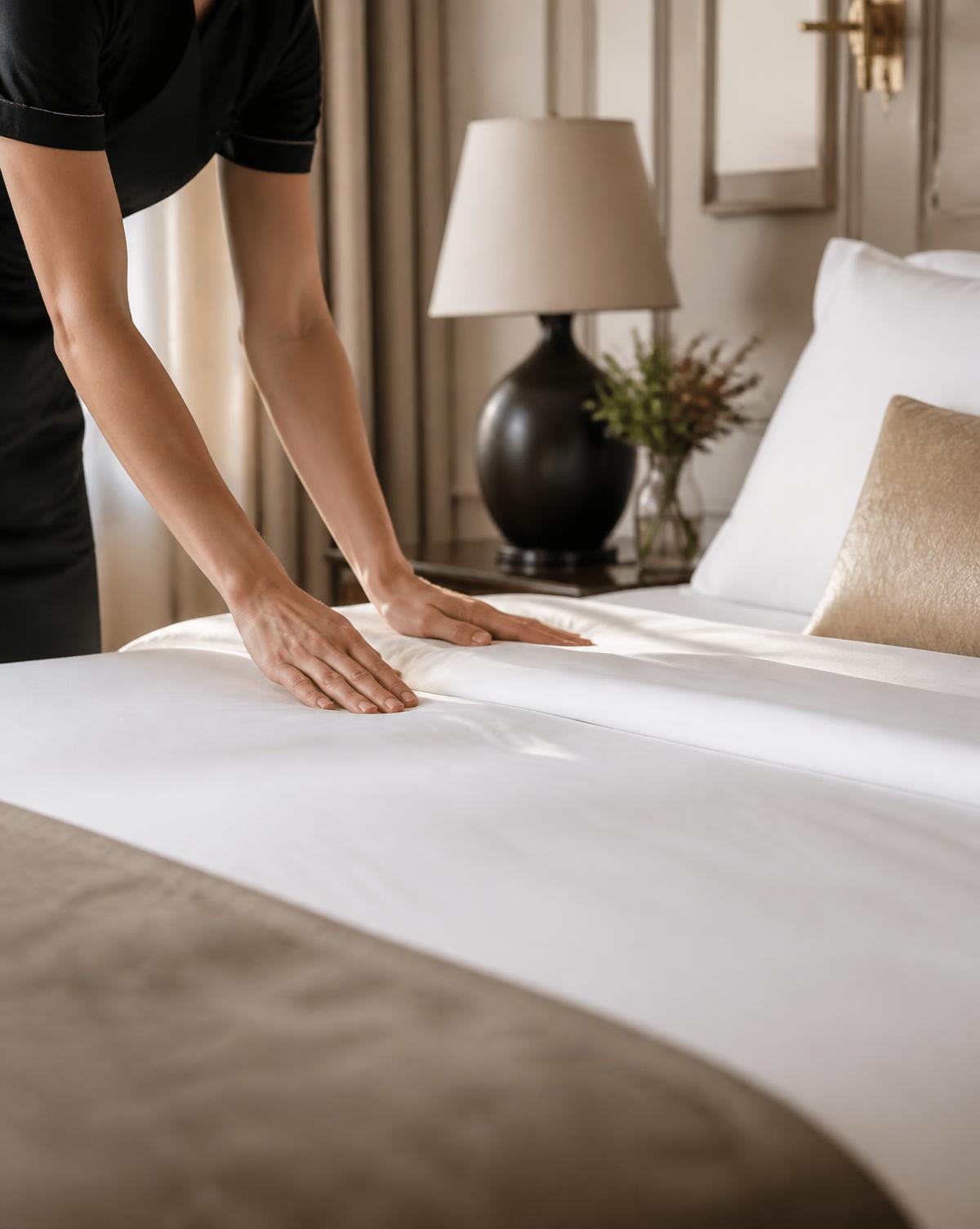 Housekeeper smoothing crisp white linen in a prepared bedroom