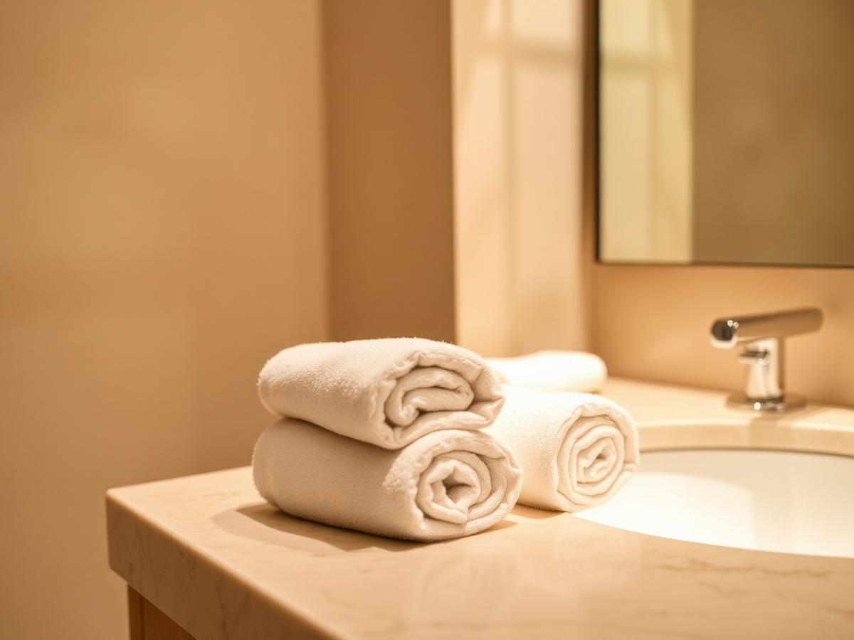 Folded towels and amenities set out in a prepared bathroom