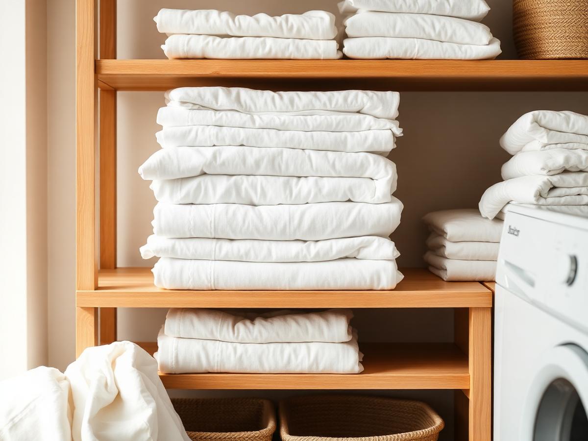 Neatly stacked pressed white linen