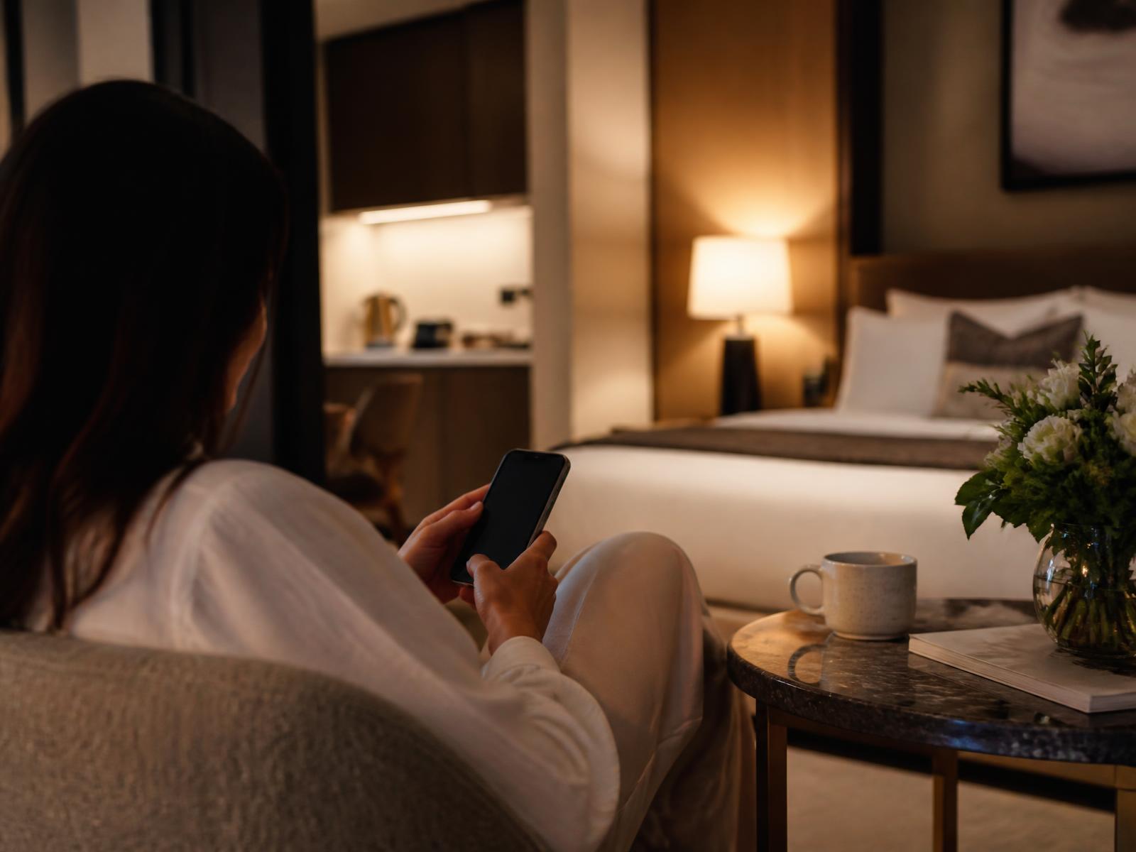 Guest using their phone in a warmly lit suite