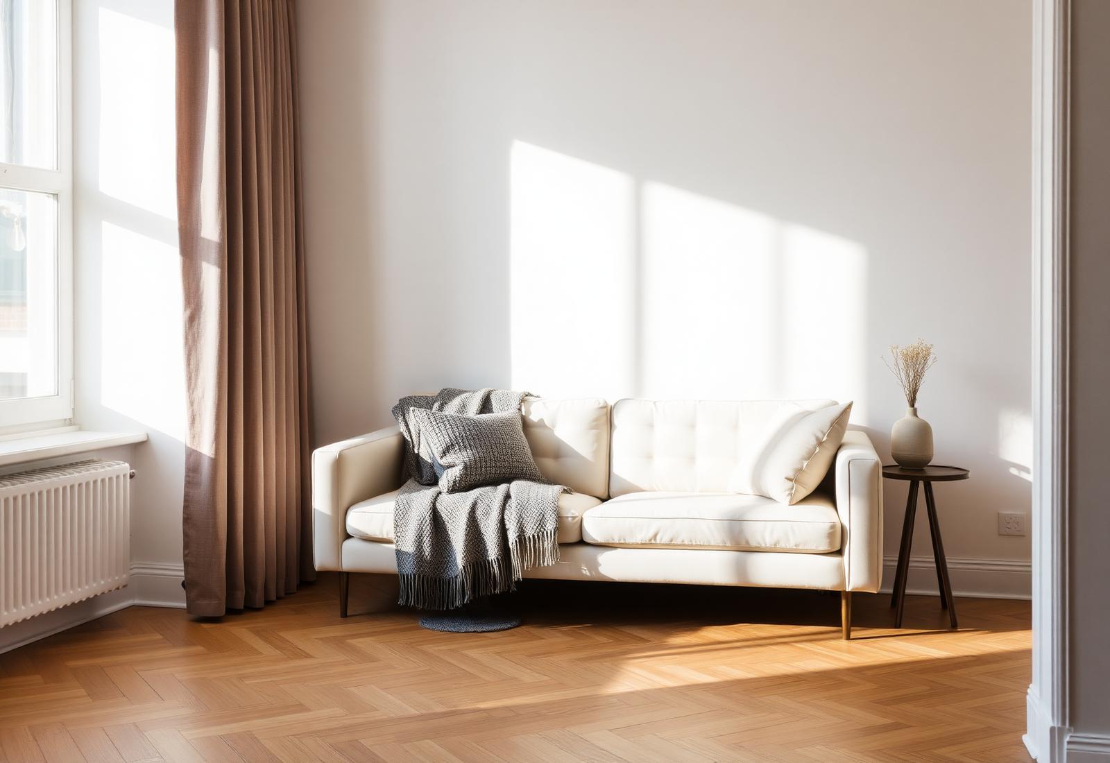 Serviced apartment living room in warm daylight, ready for the next stay
