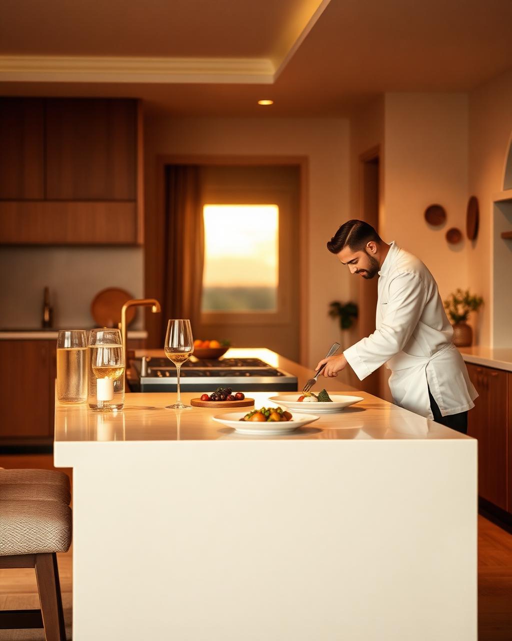 Private chef plating a dish in a residence kitchen